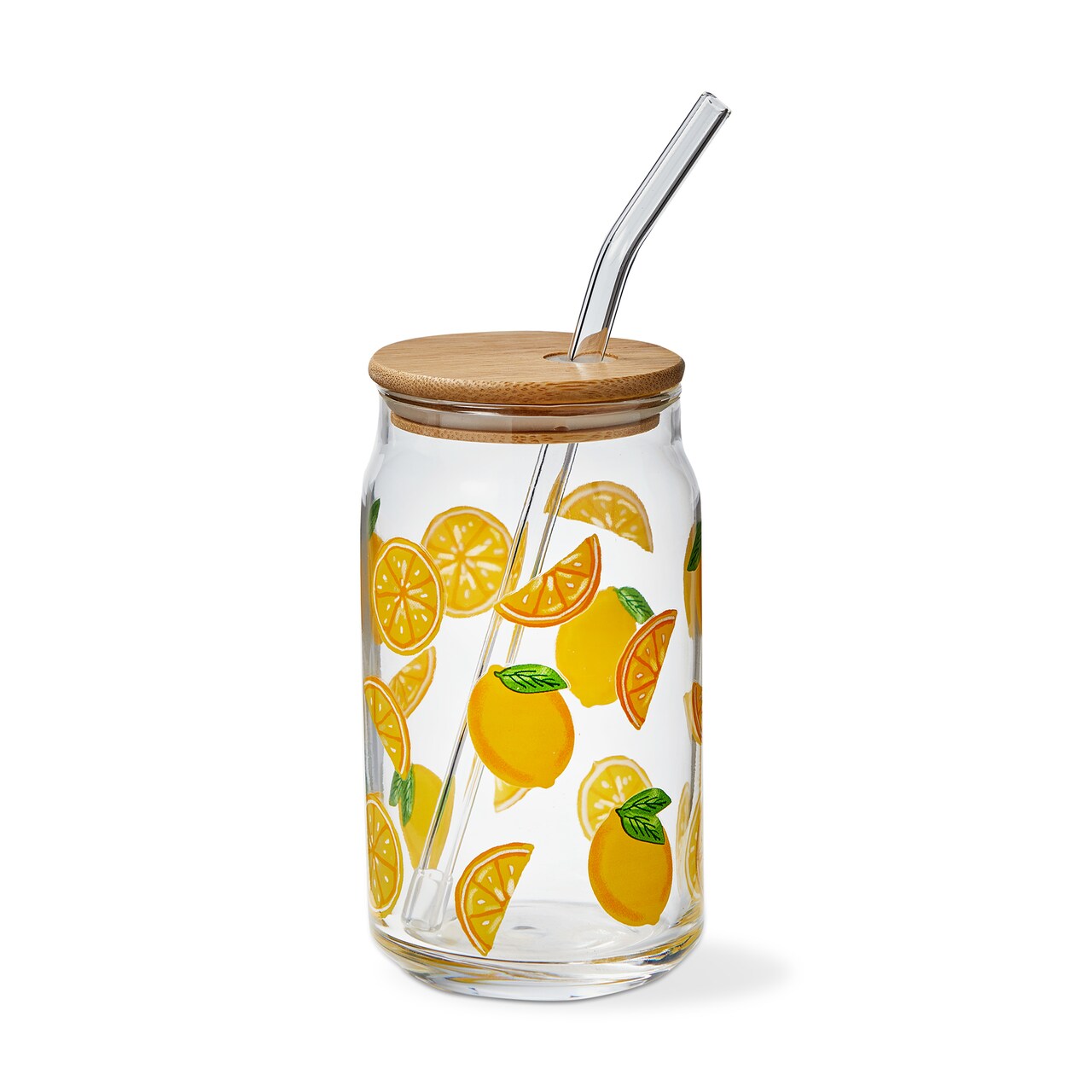 Lemon Lidded Glass Tumbler with Straw 16oz Dishwasher Safe Everyday Drinkware Yellow 3x3x5.5 inches